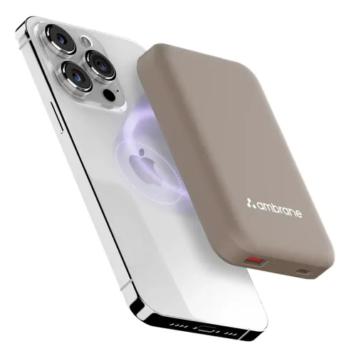 Ambrane AeroSync PB 12 10000mAh MagSafe Power Bank | 15W Wireless Charging | LED Indicators (Brown)