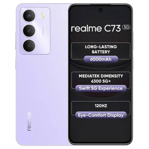 realme C73 5G (4GB RAM, 64GB Storage) | MediaTek Dimensity 6300 | 6000mAh Battery | Military-Grade Shock Resistance | Crystal Purple