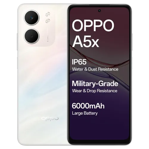 Oppo A5x 5G (4GB RAM, 128GB Storage) | MediaTek Dimensity 6300 | 6000mAh Battery | IP65 Water and Dust Resistance | Laser White