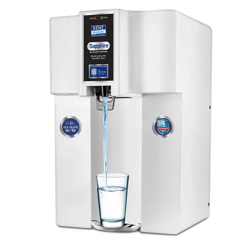 Kent Sapphire RO Water Purifier | RO+UF+Inline UV+UV LED in Tank | Automatic Shut-Off | Ideal For Borewell/Tanker/Municipal Water | 20 LPH Flow Rate (White)