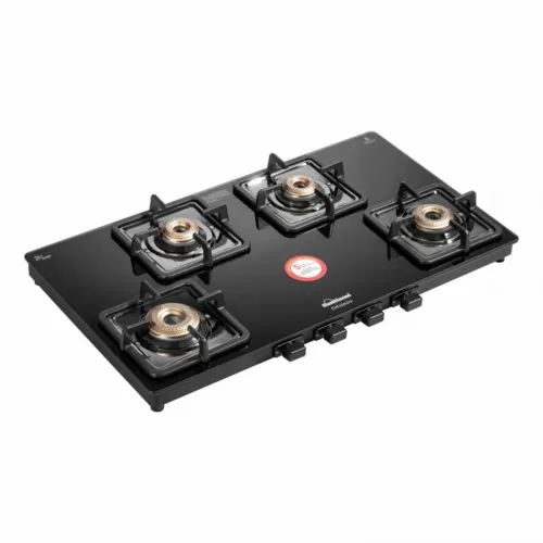 Sunflame Solitaire 4B BK AI 4 Burners Toughened Glass Cooktop | Brass Burners | Cast Iron Pan Supports | Stainless Steel Drip Tray (Black)