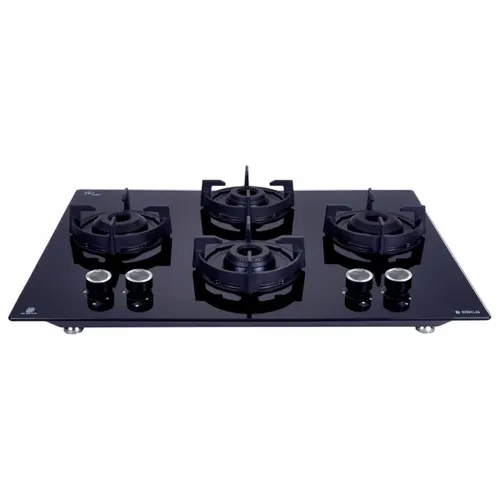 Elica 70cm 4 Burner Auto Ignition Hob | Cast Iron Pan Support with Heat Guard | Black Toughened Glass (FLEXI HEXA 470 LOTUS IND HD BRASS, Black)