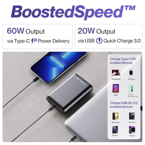 Ambrane PowerLit Boost 14400mAh Power Bank | Dual Output, Fast Charging, Compact Design, LED Indicator (Black)