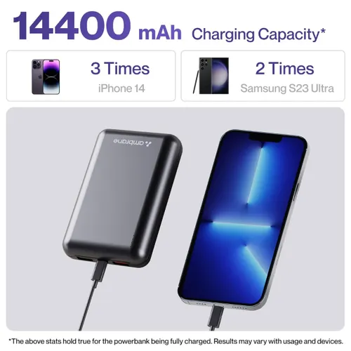 Ambrane PowerLit Boost 14400mAh Power Bank | Dual Output, Fast Charging, Compact Design, LED Indicator (Black)