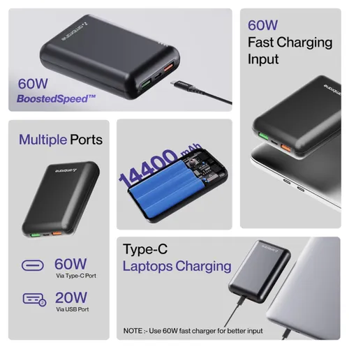 Ambrane PowerLit Boost 14400mAh Power Bank | Dual Output, Fast Charging, Compact Design, LED Indicator (Black) 5 Ambrane PowerLit Boost 14400mAh Power Bank | Dual Output, Fast Charging, Compact Design, LED Indicator (Black)