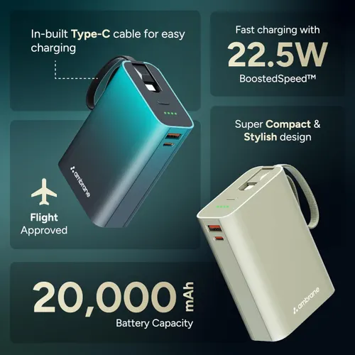 Ambrane MiniCharge 20 Power Bank | 20000mAh, Dual Output, Compact, Fast Charging, Travel Friendly (Blue)