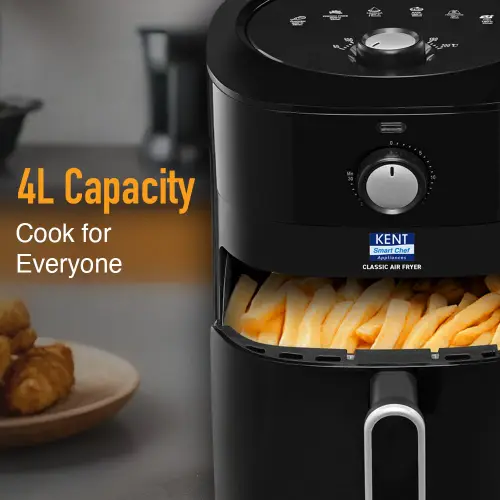 KENT Classic Hot Air Fryer | 4L Capacity | 1300W | Uses Up to 80% Less Oil | Fry, Grill, Roast, Steam & Bake | Auto Cut-Off | Black 4 KENT Classic Hot Air Fryer | 4L Capacity | 1300W | Uses Up to 80% Less Oil | Fry, Grill, Roast, Steam & Bake | Auto Cut-Off | Black