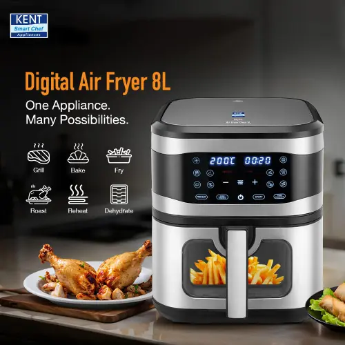 KENT Digital Air Fryer | 8L Capacity | 1700W | Uses Up to 80% Less Oil | 7 Preset Menus | Touch Control | Glass Window | Silver 3 KENT Digital Air Fryer | 8L Capacity | 1700W | Uses Up to 80% Less Oil | 7 Preset Menus | Touch Control | Glass Window | Silver
