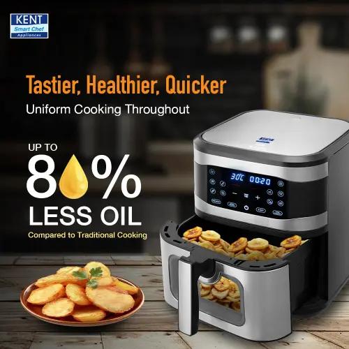 KENT Digital Air Fryer | 8L Capacity | 1700W | Uses Up to 80% Less Oil | 7 Preset Menus | Touch Control | Glass Window | Silver 4 KENT Digital Air Fryer | 8L Capacity | 1700W | Uses Up to 80% Less Oil | 7 Preset Menus | Touch Control | Glass Window | Silver