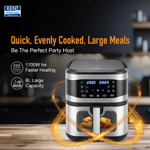 KENT Digital Air Fryer | 8L Capacity | 1700W | Uses Up to 80% Less Oil | 7 Preset Menus | Touch Control | Glass Window | Silver 5 KENT Digital Air Fryer | 8L Capacity | 1700W | Uses Up to 80% Less Oil | 7 Preset Menus | Touch Control | Glass Window | Silver