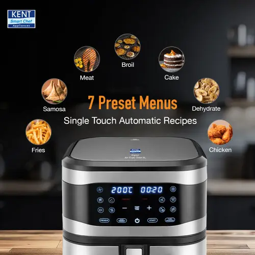 KENT Digital Air Fryer | 8L Capacity | 1700W | Uses Up to 80% Less Oil | 7 Preset Menus | Touch Control | Glass Window | Silver 6 KENT Digital Air Fryer | 8L Capacity | 1700W | Uses Up to 80% Less Oil | 7 Preset Menus | Touch Control | Glass Window | Silver