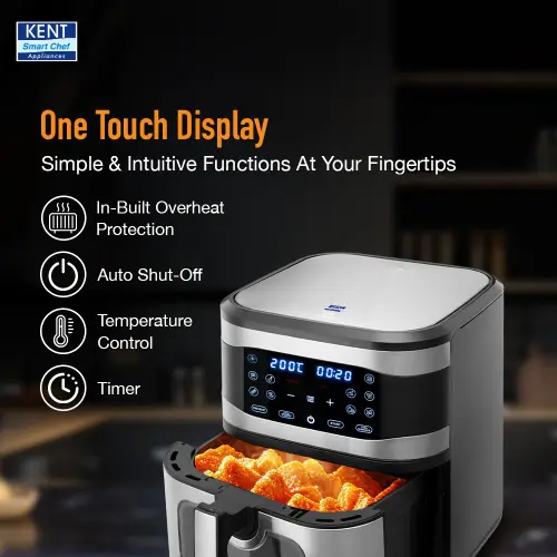 KENT Digital Air Fryer | 8L Capacity | 1700W | Uses Up to 80% Less Oil | 7 Preset Menus | Touch Control | Glass Window | Silver 7 KENT Digital Air Fryer | 8L Capacity | 1700W | Uses Up to 80% Less Oil | 7 Preset Menus | Touch Control | Glass Window | Silver