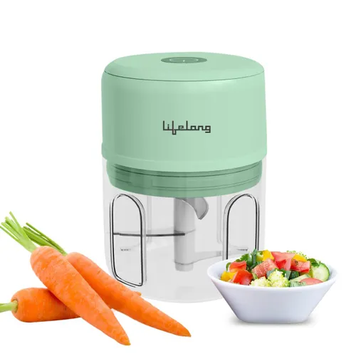 Lifelong USB Rechargeable Wireless Electric Chopper for Kitchen | 30 Watts | 250 ml Bowl Capacity | Stainless Steel Blades for Chopping Onions, Garlic, Vegetables and nuts (LLWC04, Green)