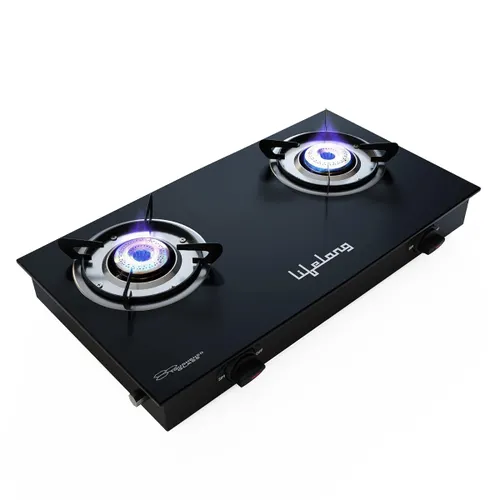 Lifelong 2 High-efficiency Burners Manual Ignition Cooktop | ISI Certified | Compatible with LPG | Toughened Glass Material (LLGS10, Black)