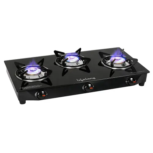 Lifelong 3 High-efficiency Burners Manual Ignition Cooktop | ISI Certified | Compatible with LPG | Toughened Glass Material (LLGS18, Black)