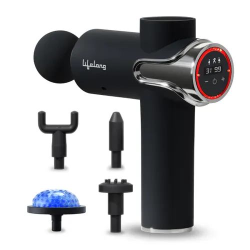 Lifelong Gun Massager for Pain Relief with Cold Compression | 99 Speed Settings | Rechargeable | 5 Massage Heads | 3 Modes for Full Body Deep Tissue Percussion Massage (LLGM189, Black)
