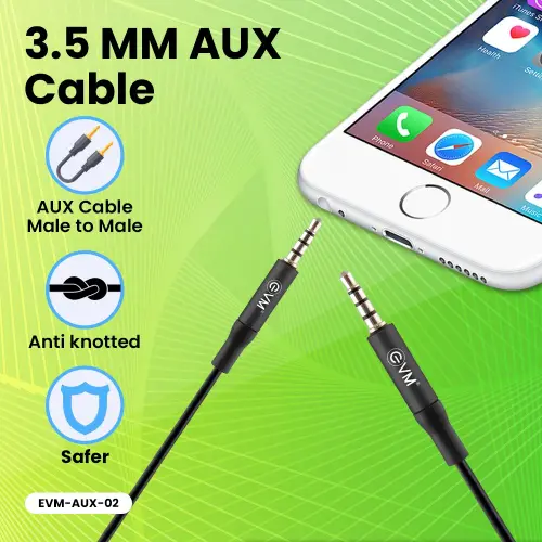 EVM AUX-02 3.5mm Cable Male to Male with Fast Transmission, Gold Plated Plug, Flexibility Durable anti winding (Black)