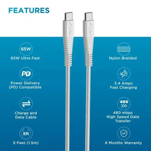 URBN 1.5 meter Type C to Type C Cable with 480 Mbps Transmission Speed, White (UPC255_WH) 9 URBN 1.5 meter Type C to Type C Cable with 480 Mbps Transmission Speed, White (UPC255_WH)