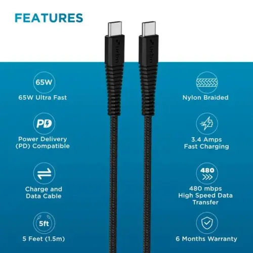 URBN 1.5 meter Type C to Type C Cable with 480 Mbps Transmission Speed, Black (UPC255_BK) 3 URBN 1.5 meter Type C to Type C Cable with 480 Mbps Transmission Speed, Black (UPC255_BK)