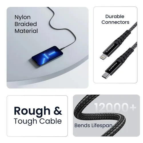 Ambrane ABTL-125 Type C to Lightning Nylon Braided Cable (Black) 5 Ambrane ABTL-125 Type C to Lightning Nylon Braided Cable (Black)