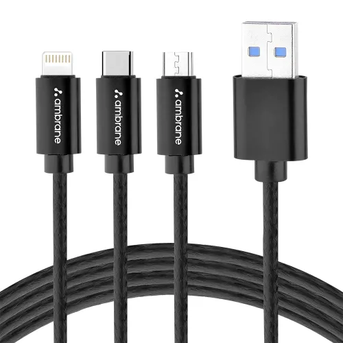 Ambrane Trio-11 | 3 in 1 Cable | Works with Micro, Type C & Apple Devices (Black)