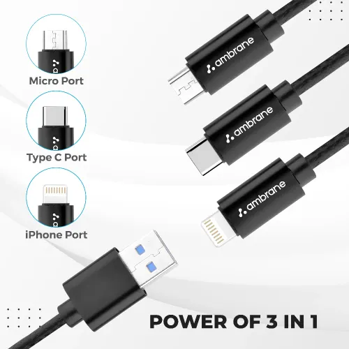 Ambrane Trio-11 | 3 in 1 Cable | Works with Micro, Type C & Apple Devices (Black)