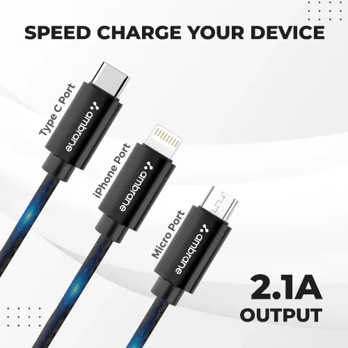 Ambrane Trio-11 | 3 in 1 Cable | Works with Micro, Type C & Apple Devices (Black)
