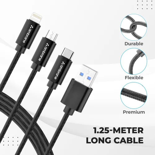 Ambrane Trio-11 | 3 in 1 Cable | Works with Micro, Type C & Apple Devices (Black) 5 Ambrane Trio-11 | 3 in 1 Cable | Works with Micro, Type C & Apple Devices (Black)