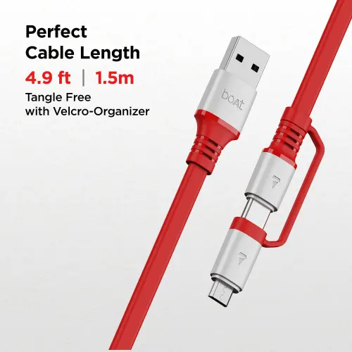 boAt Deuce 500 | 2-in-1 Type C + Micro USB Cable with 6.5A Fast Charging, 480 Mbps Transfer Speed (Red)