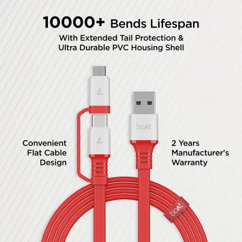 boAt Deuce 500 | 2-in-1 Type C + Micro USB Cable with 6.5A Fast Charging, 480 Mbps Transfer Speed (Red) 6 boAt Deuce 500 | 2-in-1 Type C + Micro USB Cable with 6.5A Fast Charging, 480 Mbps Transfer Speed (Red)