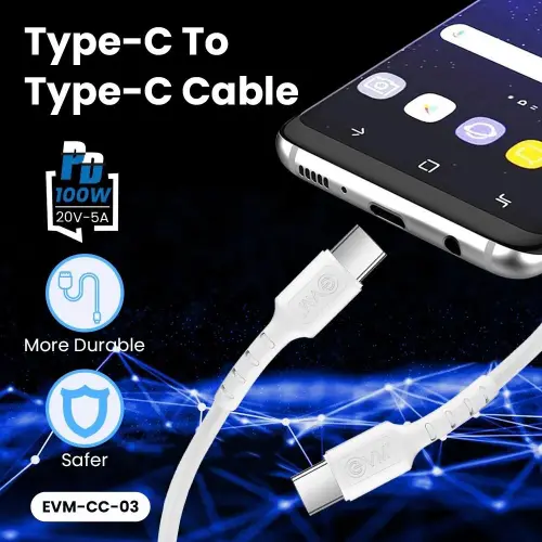 EVM Type C to Type C Data Cable with 1 Meter Length, 10000+ Bend Lifespan, Super Fast Data Transfer (White, EVM-CC-03) 2 EVM Type C to Type C Data Cable with 1 Meter Length, 10000+ Bend Lifespan, Super Fast Data Transfer (White, EVM-CC-03)
