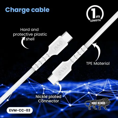 EVM Type C to Type C Data Cable with 1 Meter Length, 10000+ Bend Lifespan, Super Fast Data Transfer (White, EVM-CC-03) 4 EVM Type C to Type C Data Cable with 1 Meter Length, 10000+ Bend Lifespan, Super Fast Data Transfer (White, EVM-CC-03)