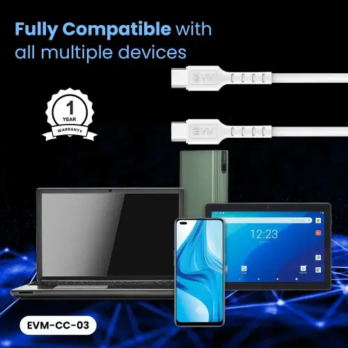 EVM Type C to Type C Data Cable with 1 Meter Length, 10000+ Bend Lifespan, Super Fast Data Transfer (White, EVM-CC-03) 5 EVM Type C to Type C Data Cable with 1 Meter Length, 10000+ Bend Lifespan, Super Fast Data Transfer (White, EVM-CC-03)