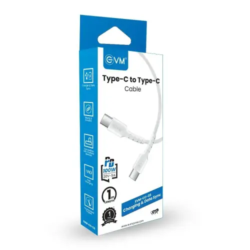 EVM Type C to Type C Data Cable with 1 Meter Length, 10000+ Bend Lifespan, Super Fast Data Transfer (White, EVM-CC-03) 8 EVM Type C to Type C Data Cable with 1 Meter Length, 10000+ Bend Lifespan, Super Fast Data Transfer (White, EVM-CC-03)