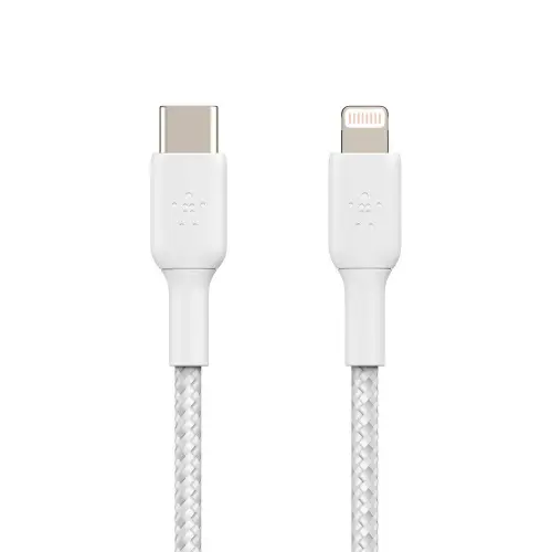 Belkin BoostCharge 2 Meter Braided USB-C to Lightning Cable with Fast Charge, 10000+ Bends Lifespan (White)