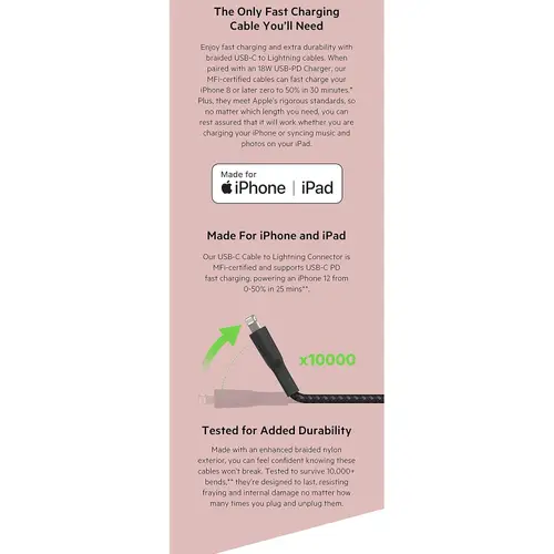 Belkin BoostCharge 2 Meter Braided USB-C to Lightning Cable with Fast Charge, 10000+ Bends Lifespan (White)