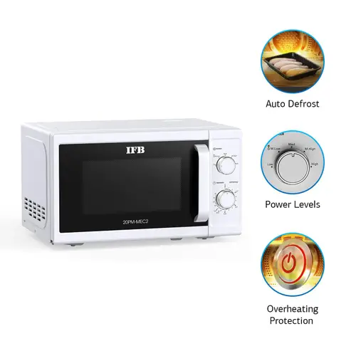 IFB 20 Litres Solo Microwave with Glass Door, Auto Defrost, Power Levels, Overheating Protection (20PM-MEC2, White)