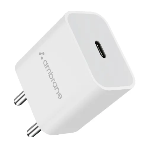 Ambrane RAAP M20 Adapter with 20W PD Fast Charging, Type-C Output, Multi-Layers of Chipset Protection (White)