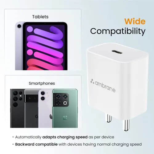 Ambrane RAAP M20 Adapter with 20W PD Fast Charging, Type-C Output, Multi-Layers of Chipset Protection (White)