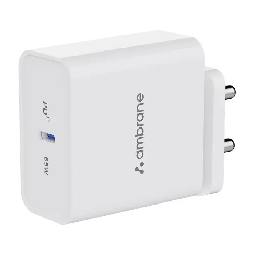 Ambrane RAAP H65 Adapter with 65W Fast Charging Output, Type-C, GaN & PD Technology, Multi Layers of Chipset Protection (White)
