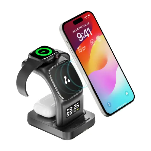 Ambrane Aerosync Trio 3-in-1 Magsafe Wireless Charger with 15W Output, Digital Display, Night Lamp, Alarm Clock, Function Keys (Black)