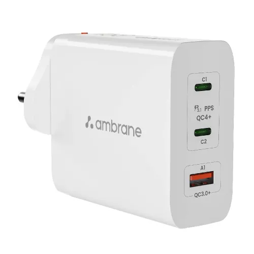 Ambrane RAAP G150 Adapter with 150W Total Output, Triple Ports (1 USB-A, 2 Type-C), GaNMAX Technology, Removable Pin (White)