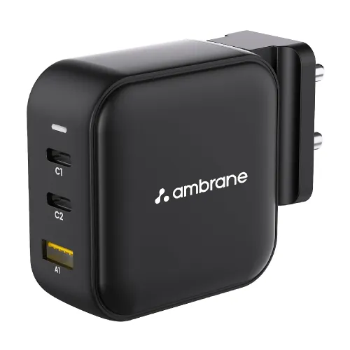 Ambrane RAAP G65 Adapter with 65W Fast Charging, Type-C Output, Removable Pins, GaNMAX Technology, Multi-Layers of Chipset Protection (Black)