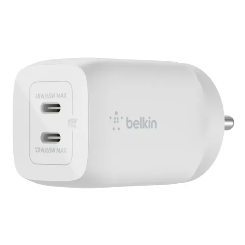 Belkin BoostCharge Pro Dual USB-C GaN Wall Charger with PPS 65W Fast Charging (White)