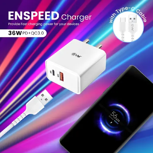 EVM EnSpeed+ 36W PD+QC 3.0 Fast Charging Travel Adapter with USB Type-C Cable