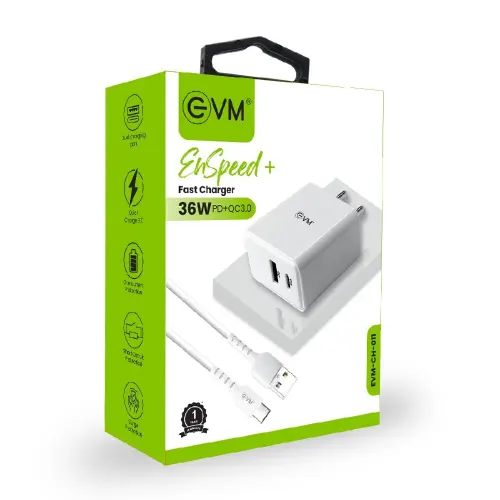 EVM EnSpeed+ 36W PD+QC 3.0 Fast Charging Travel Adapter with USB Type-C Cable 7 EVM EnSpeed+ 36W PD+QC 3.0 Fast Charging Travel Adapter with USB Type-C Cable