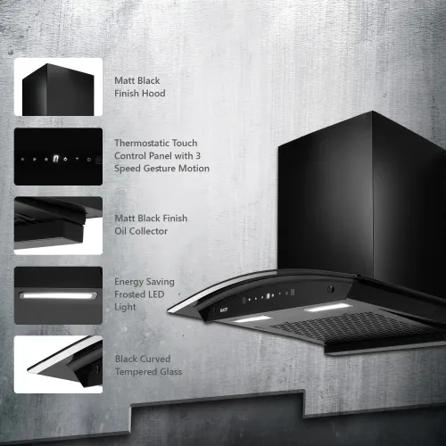 Kaff Chimney with Filterless, Touch Control, Matt Black Finish, Black Curved Tempered Glass (Black, MAINZDHC60) 3 Kaff Chimney with Filterless, Touch Control, Matt Black Finish, Black Curved Tempered Glass (Black, MAINZDHC60)