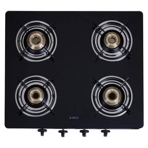 Elica 594 CT Vetro Cooktop with High Quality Knobs, Stainless Steel Support Plate, Toughened Glass, Euro Coated Grid, Rust Resistance Texture (Black)