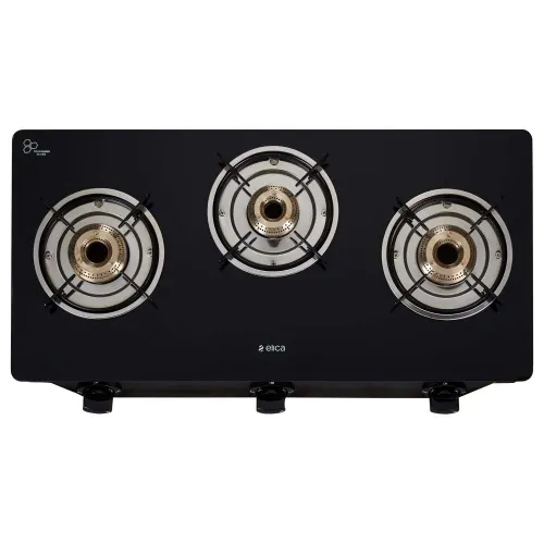 Elica 7031 CT Verto Glass Top 3 Burner Cooktop with Round Euro Coated Grid, Smooth Operating Knobs, Heavy Brass Burners, Stainless Steel Body (Black)