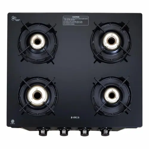 Elica Crest 4 Burners Cooktop with Designer Metal Round Knobs, Forged Brass Burners (Black, CREST 460 J NERO)